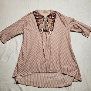 Elegant Pink Striped Tunic with Embroidery